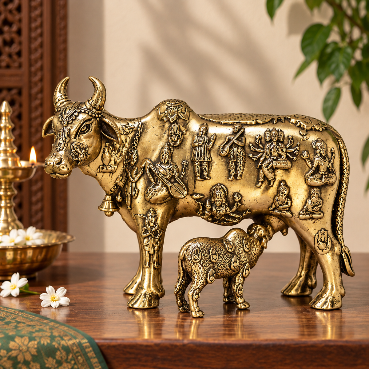 Brass Kamadhenu cow and calf showpiece for Vastu and temple, decorative brass pooja item with intricate detailing.