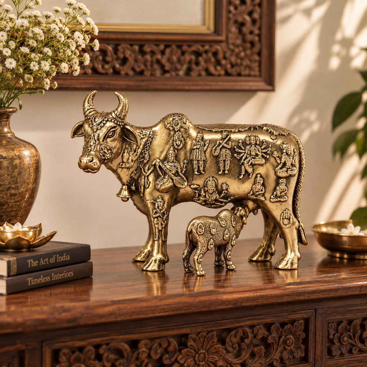Brass Kamadhenu cow and calf showpiece, sacred Vastu and temple decor, crafted by The Gharnish for Pooja and spiritual use