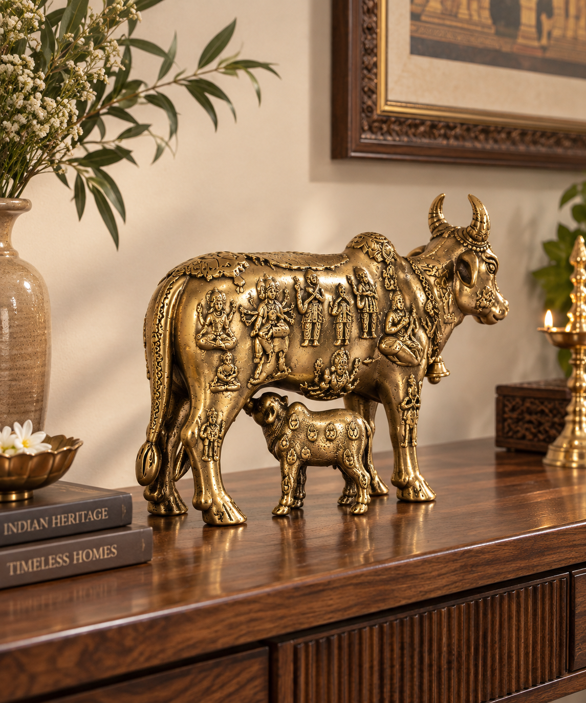 Brass Kamadhenu cow and calf showpiece for Vastu and temple decor, showcasing detailed craftsmanship and traditional design.