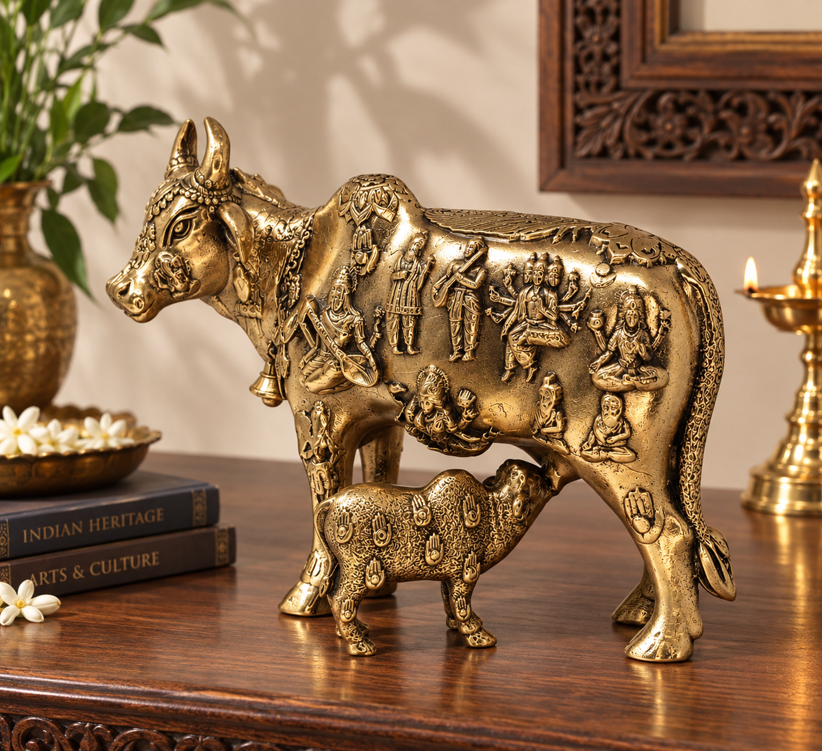 Brass Kamadhenu Cow and Calf showpiece for Vastu and temple decor, crafted by The Gharnish, detailed and traditional design.