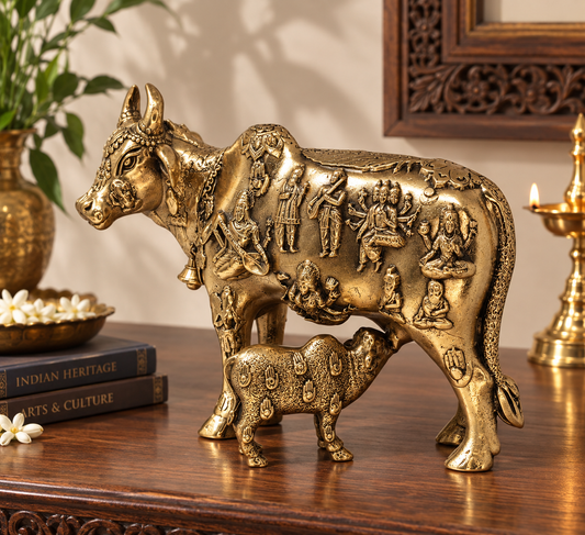 Divine Kamadhenu Cow & Calf Brass Showpiece for Vastu and Temple