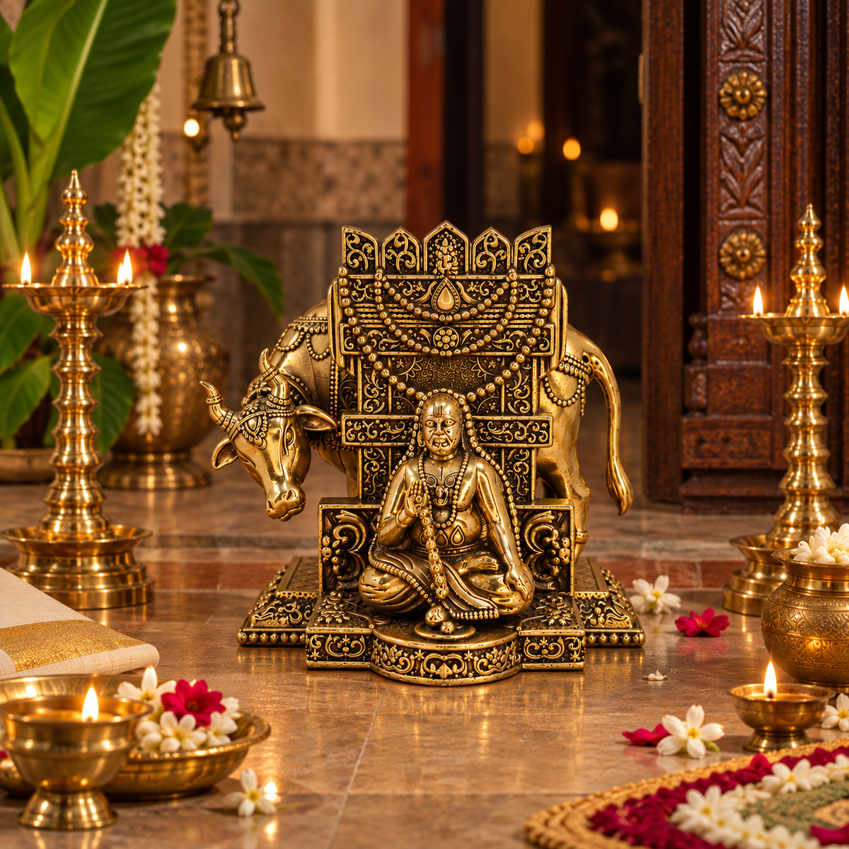 Brass Saint Raghavendra Swamy idol for South Indian traditional pooja decor, crafted by The Gharnish, detailed religious brass decor item.