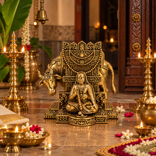 Brass Saint Raghavendra Swamy idol for South Indian traditional pooja decor, crafted by The Gharnish, detailed religious brass decor item.