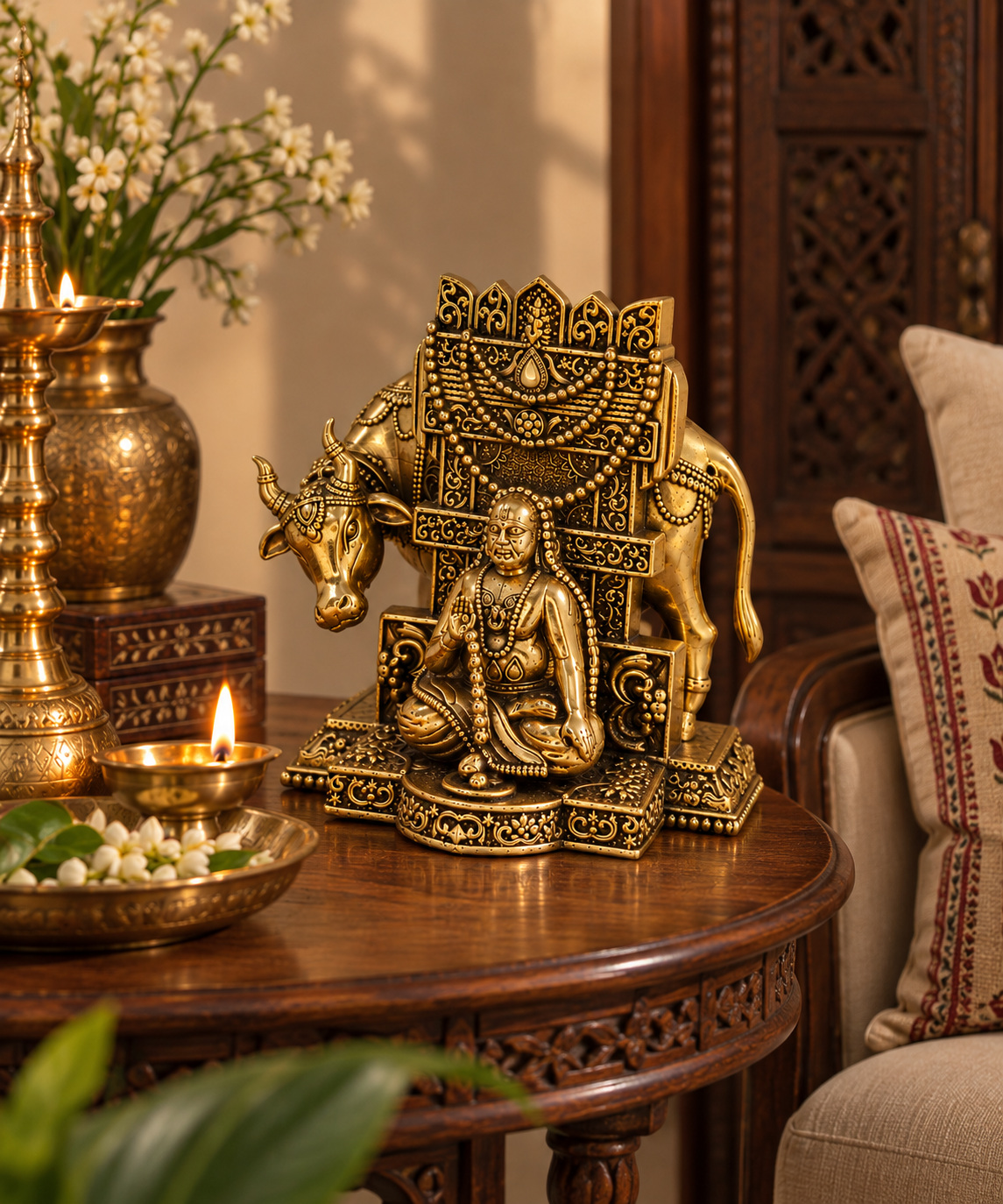 Brass Saint Raghavendra Swamy idol for South Indian decor, traditional brass pooja item, crafted by The Gharnish.