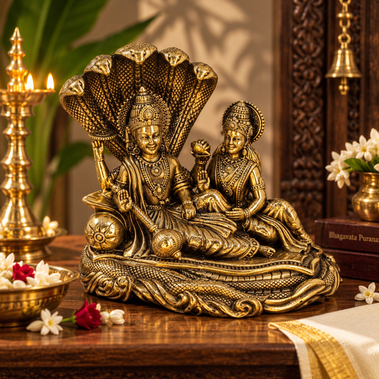 Antique brass Vishnu and Lakshmi divine couple idol on Sheshnag, traditional brass pooja item for spiritual worship.