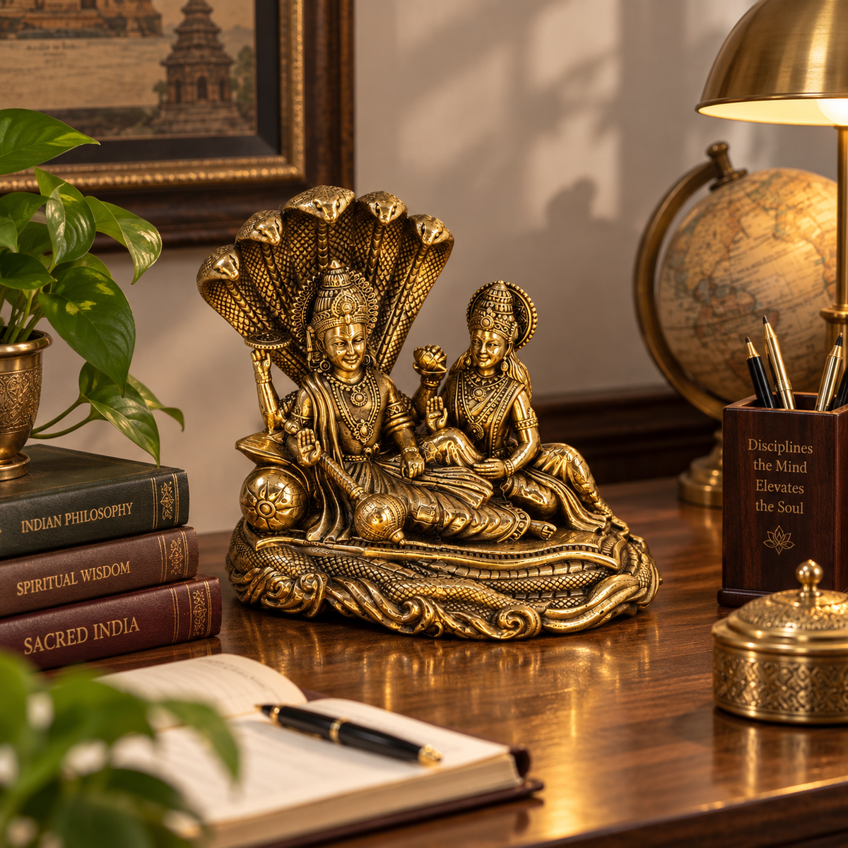 Antique brass Vishnu Lakshmi divine couple idol on Sheshnag, traditional brass pooja item for spiritual rituals.