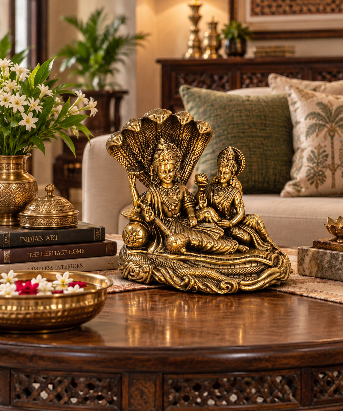 Antique brass Vishnu and Lakshmi divine couple idol on Sheshnag, traditional brass pooja item for spiritual worship.