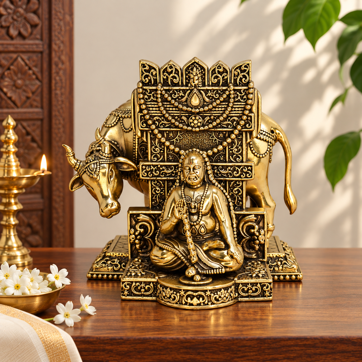Brass Saint Raghavendra Swamy idol for South Indian decor, traditional brass pooja item, crafted by The Gharnish.