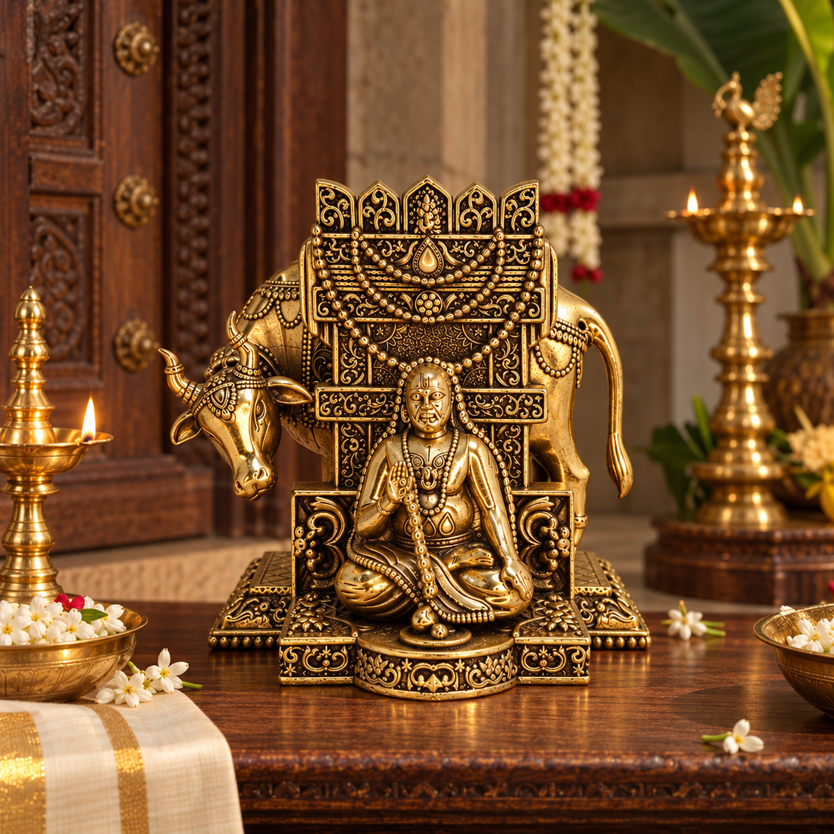 Brass idol of Saint Raghavendra Swamy for South Indian pooja, traditional brass decor from The Gharnish.