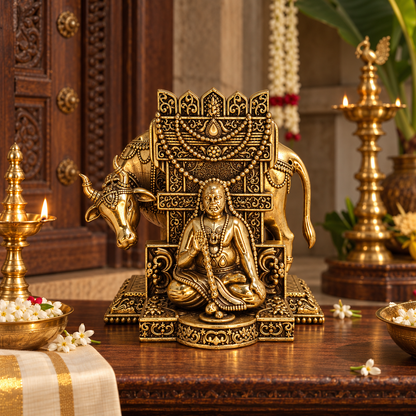 Brass idol of Saint Raghavendra Swamy for South Indian pooja, traditional brass decor from The Gharnish.