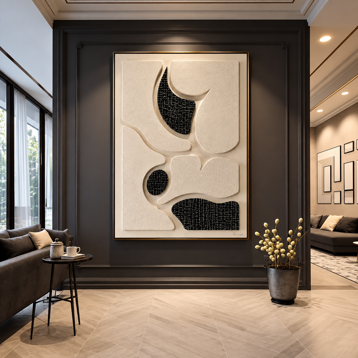 Luxury Textured Abstract Wall Art | 3D Black & Ivory Modern Wall Decor