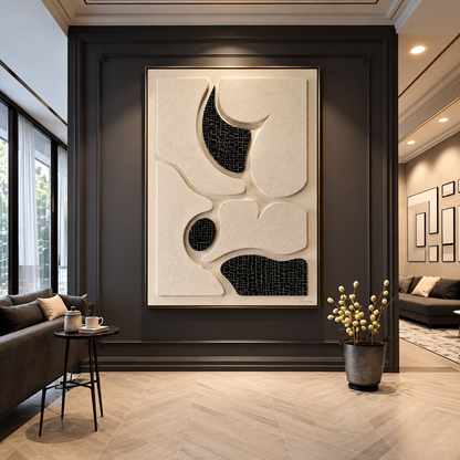 Luxury Textured Abstract Wall Art | 3D Black & Ivory Modern Wall Decor