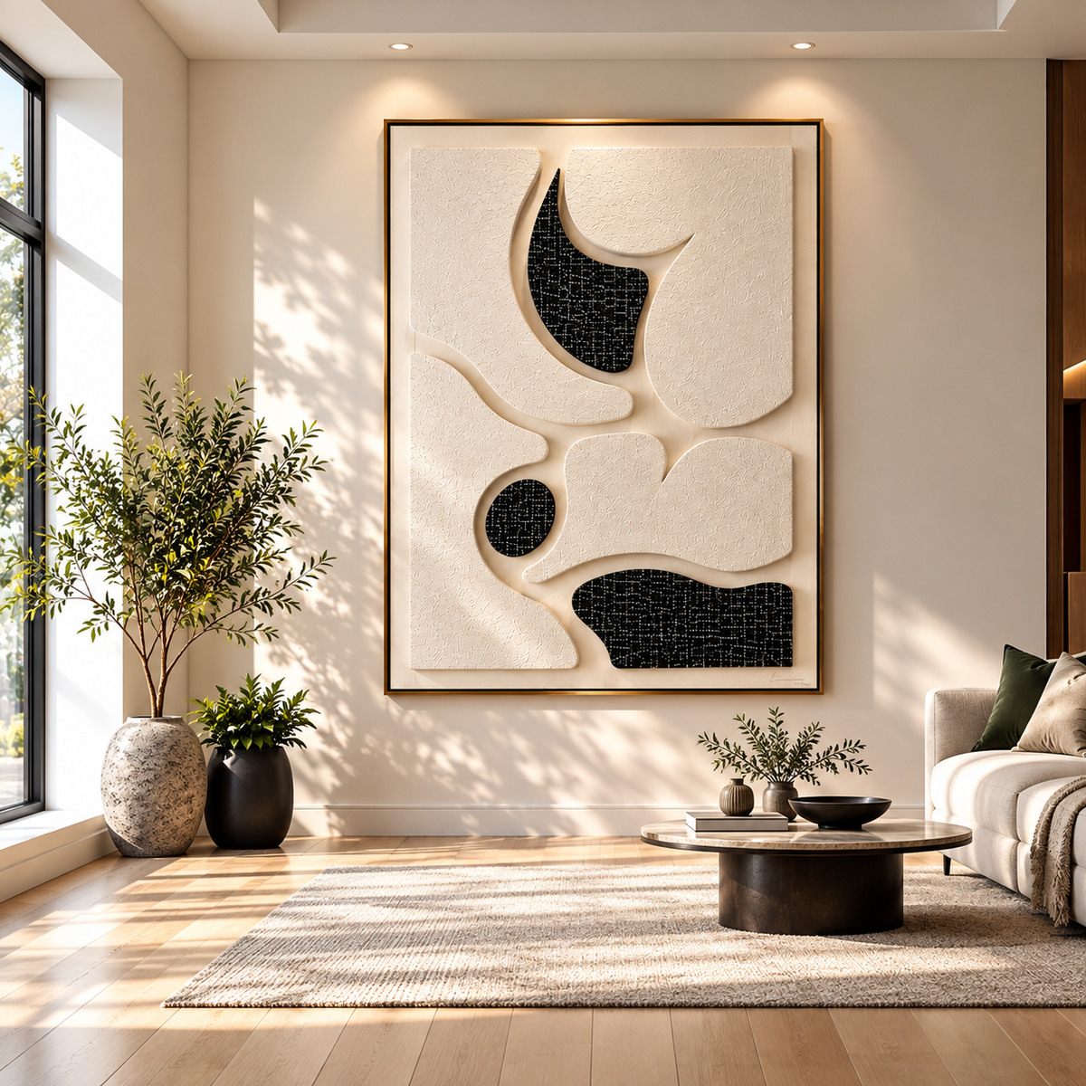 Luxury Textured Abstract Wall Art | 3D Black & Ivory Modern Wall Decor
