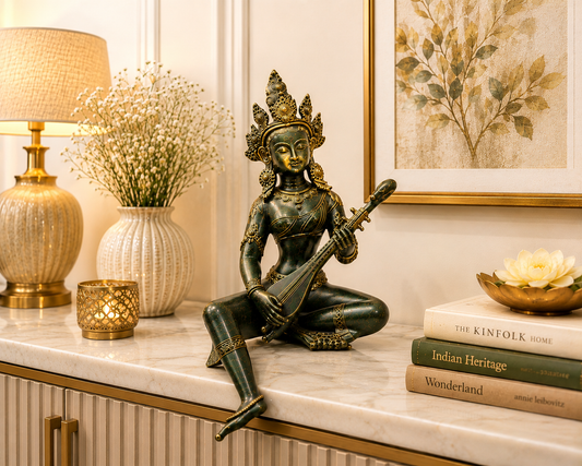 Handcrafted brass Tara Devi statue for protection and spiritual décor, showcasing intricate details of the goddess idol.
