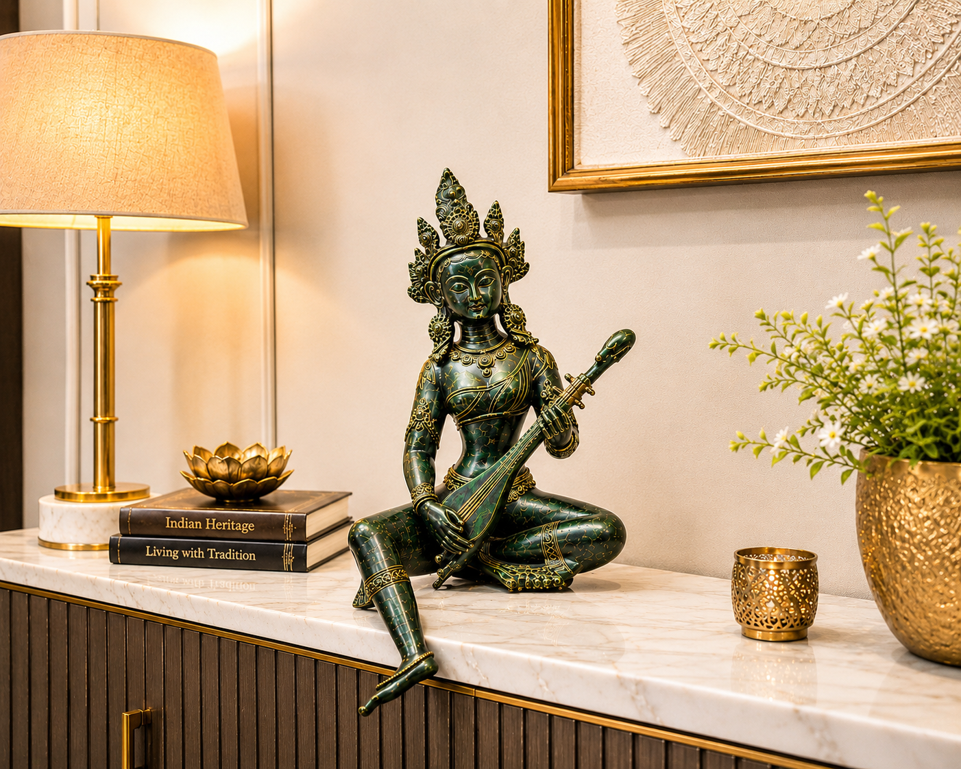 Antique Brass Tara Devi Statue – Handcrafted Goddess Tara Idol for Protection, Compassion & Spiritual Décor