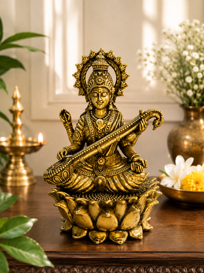 Luxury Brass Saraswati Mata Idol – Goddess Saraswati Statue with Veena & Lotus