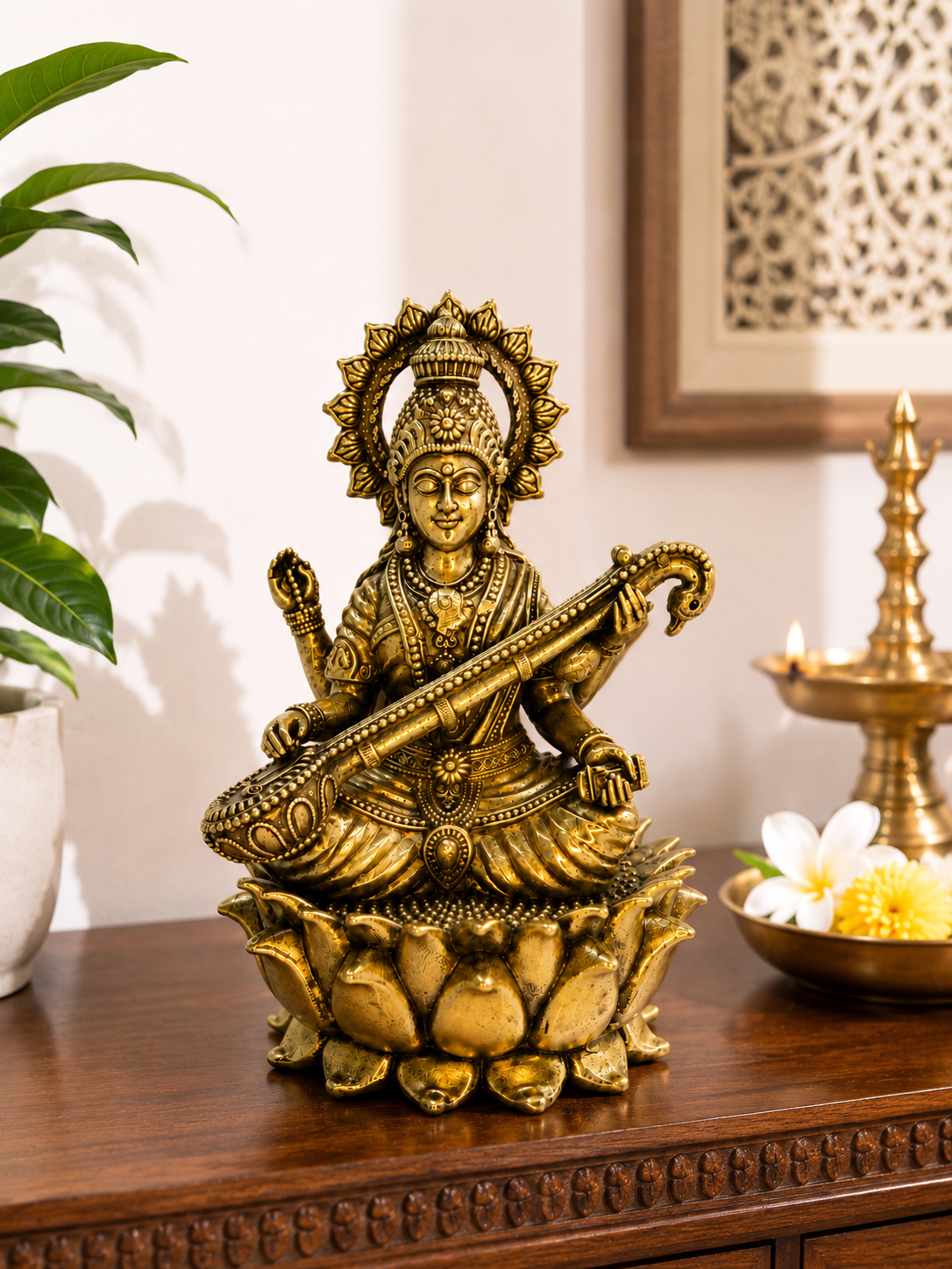 Luxury Brass Saraswati Mata Idol – Goddess Saraswati Statue with Veena & Lotus
