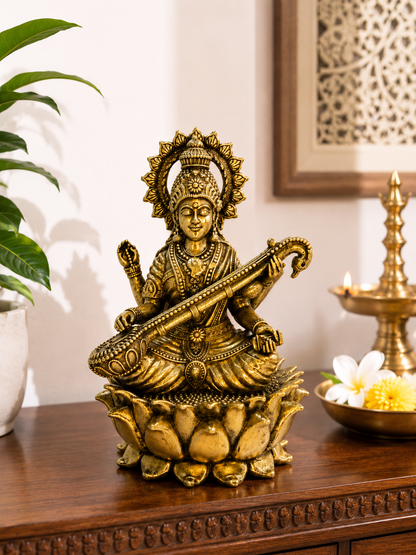 Luxury Brass Saraswati Mata Idol – Goddess Saraswati Statue with Veena & Lotus