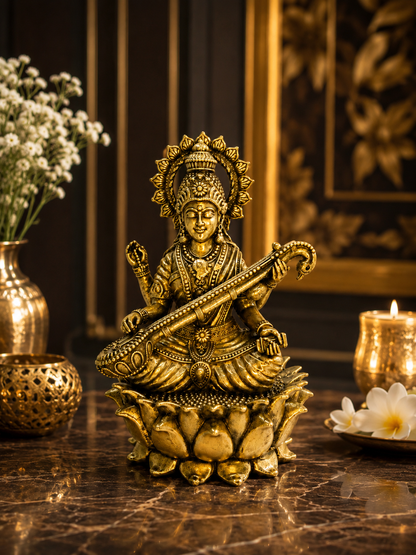 Luxury Brass Saraswati Mata Idol – Goddess Saraswati Statue with Veena & Lotus