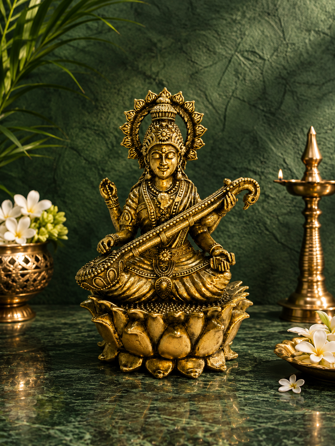 Luxury Brass Saraswati Mata Idol – Goddess Saraswati Statue with Veena & Lotus