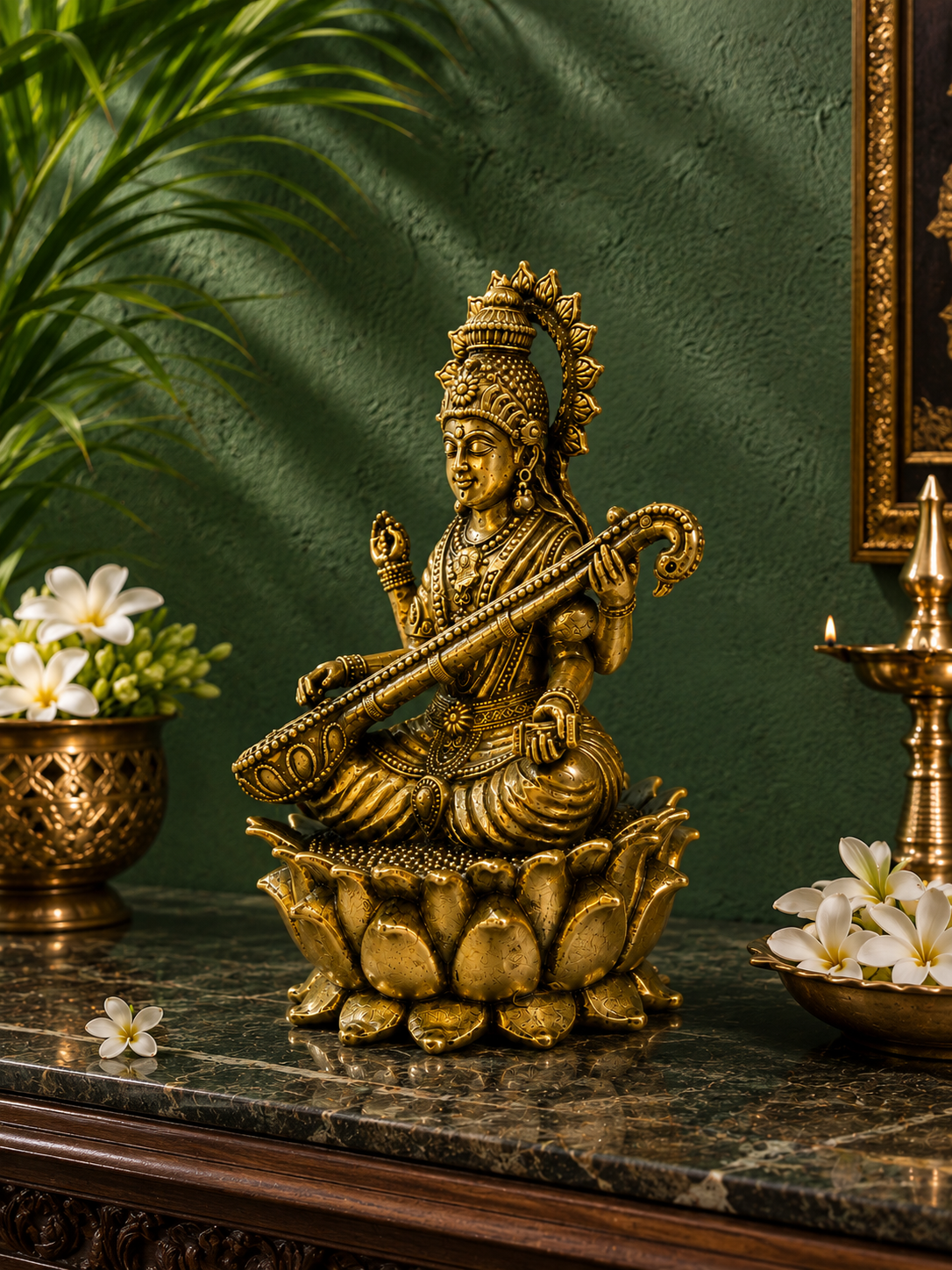Luxury Brass Saraswati Mata Idol – Goddess Saraswati Statue with Veena & Lotus