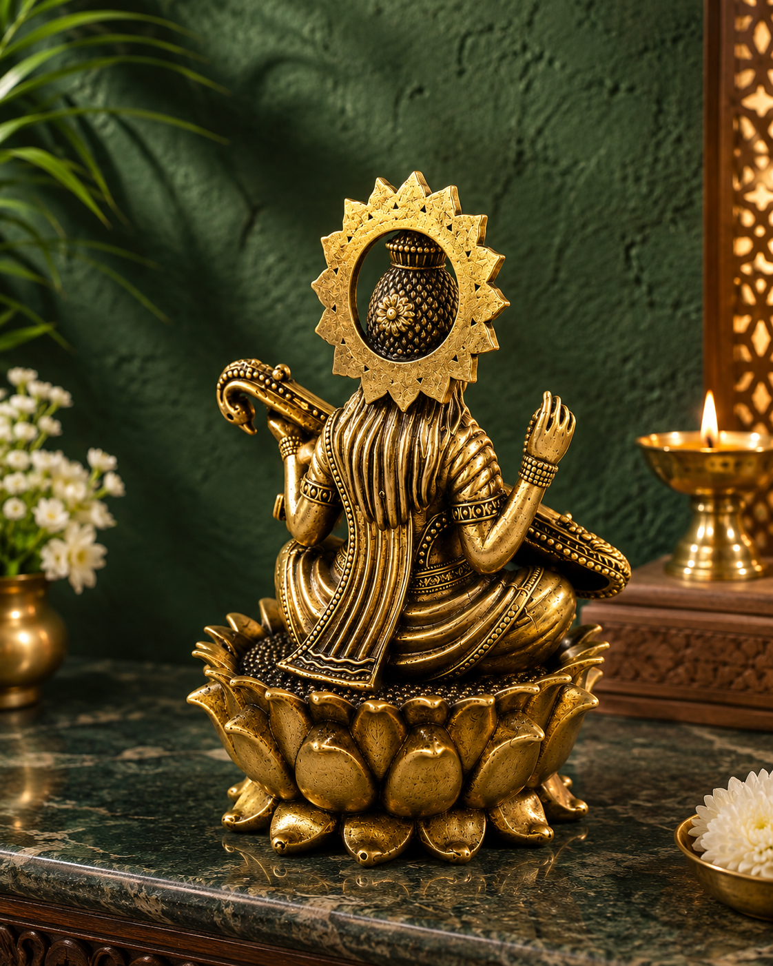 Luxury Brass Saraswati Mata Idol – Goddess Saraswati Statue with Veena & Lotus
