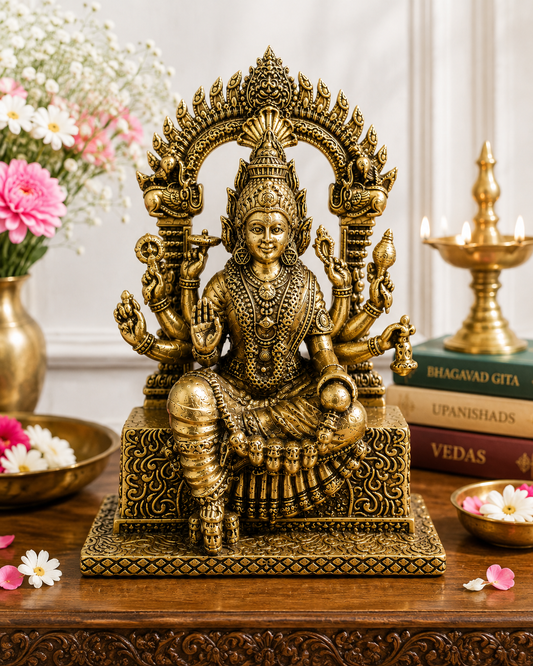 Brass Mariamman Mata idol, depicting the goddess of rain, protection, and healing, part of brass pooja items.