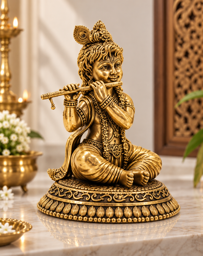 Antique brass Krishna Murti playing flute, traditional Hindu deity statue, decorative brass pooja item for worship and spiritual rituals.