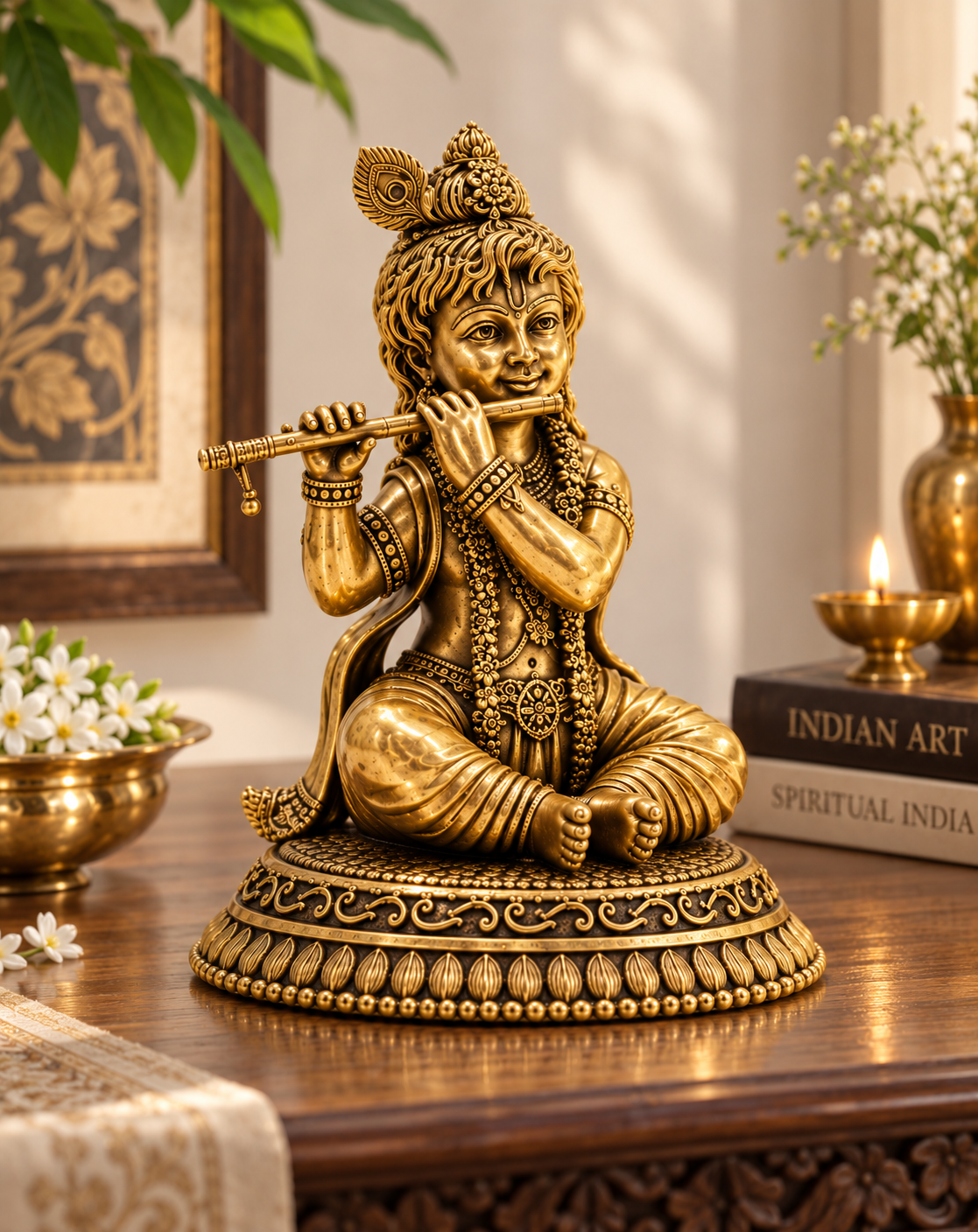 Antique brass Krishna Murti playing flute, traditional Hindu deity statue for pooja, crafted by The Gharnish.