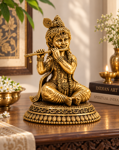 Antique brass Krishna Murti playing flute, traditional Hindu deity statue for pooja, crafted by The Gharnish.