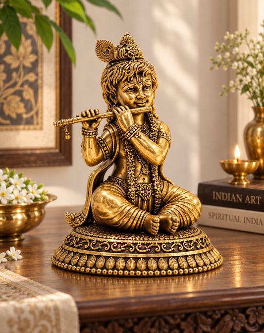 Antique brass Krishna Murti playing flute, traditional Hindu deity statue for pooja, crafted by The Gharnish.