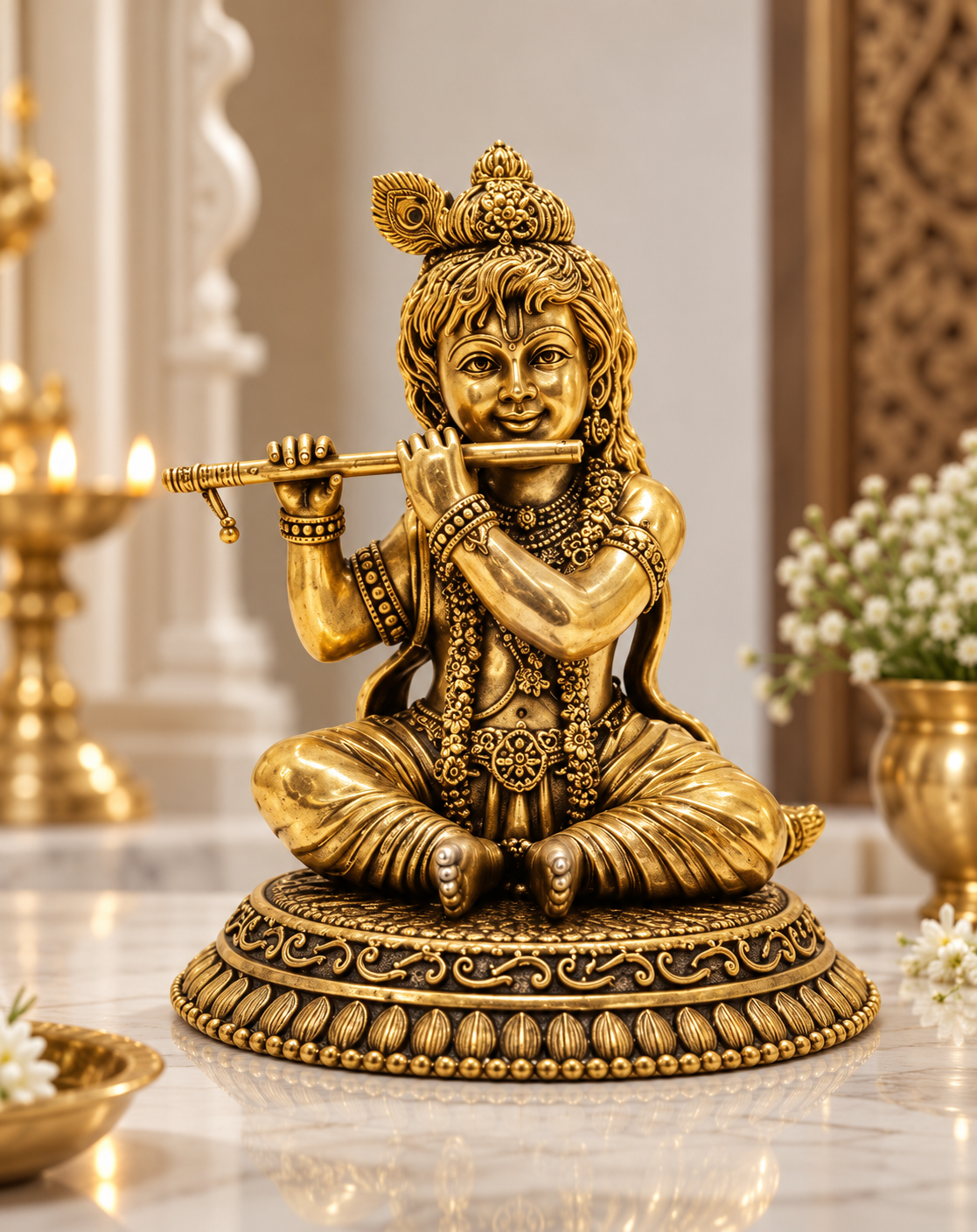 Brass Krishna Murti statue playing flute, antique-style deity figurine for pooja, crafted by The Gharnish.