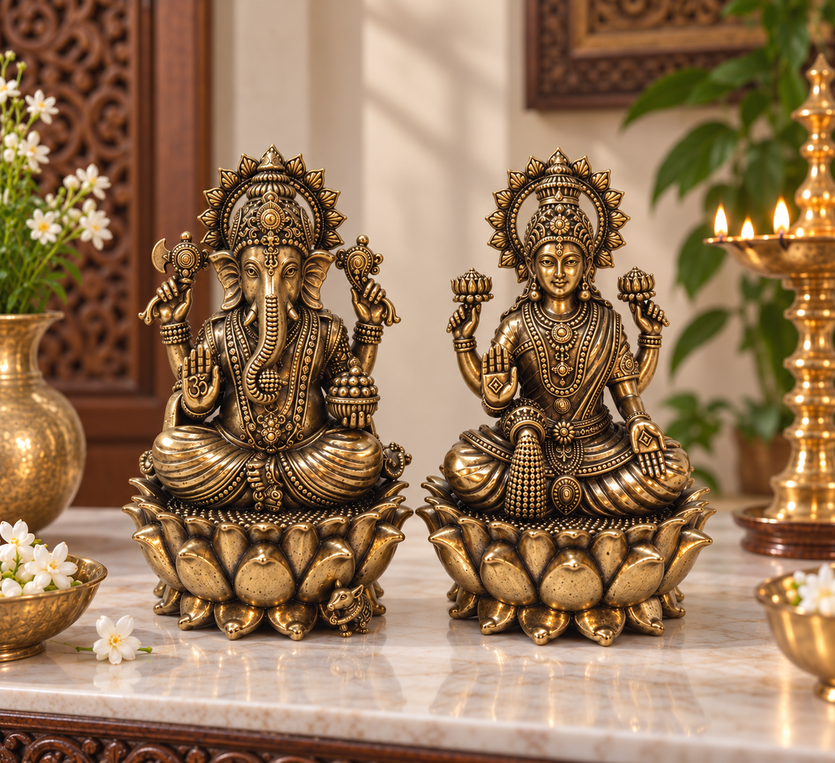 Brass Lakshmi Ganesh Murti for home décor and pooja, handcrafted by The Gharnish, featuring intricate detailing and traditional design.