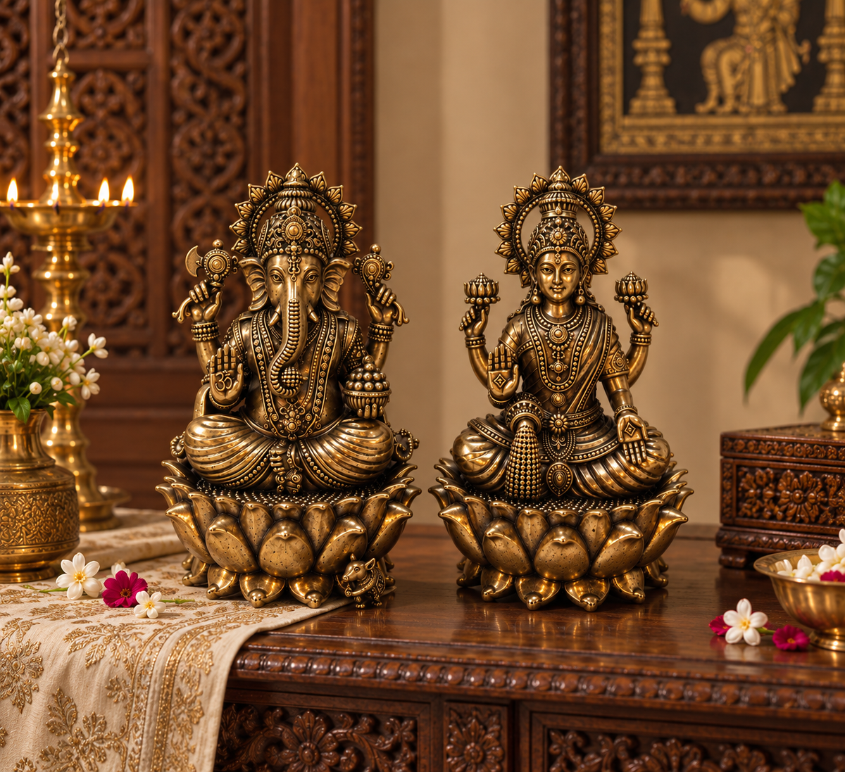 Brass Lakshmi Ganesh Murti for home décor and pooja, handcrafted brass puja idol, traditional Indian religious statue.
