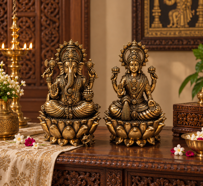 Brass Lakshmi Ganesh Murti for home décor and pooja, handcrafted brass puja idol, traditional Indian religious statue.