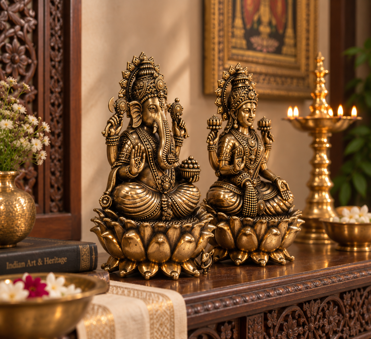 Brass Lakshmi Ganesh Murti for home décor and pooja, handcrafted brass idol for religious and spiritual altar decoration.