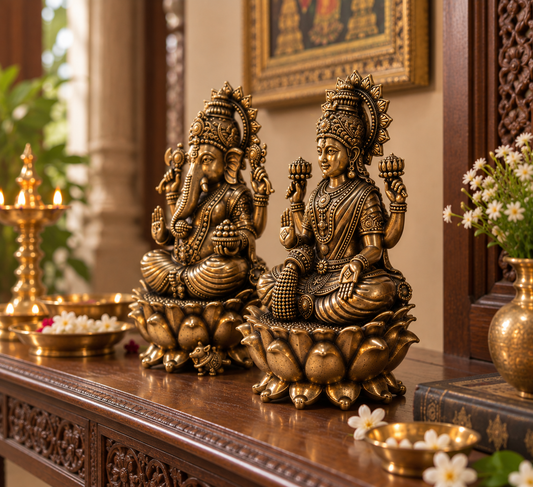 Brass Lakshmi Ganesh Murti for home décor and Pooja, handcrafted by The Gharnish, featuring detailed deity figures on a decorative base.