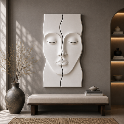 Wooden Serenity Split Face Wall Art by The Gharnish, modern abstract sculpture for living room or entryway decor.