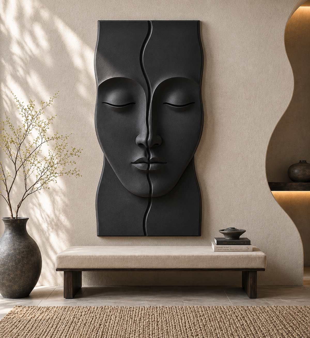 Wooden Serenity Split Face Wall Art by The Gharnish, modern abstract sculpture for living rooms and entryways.