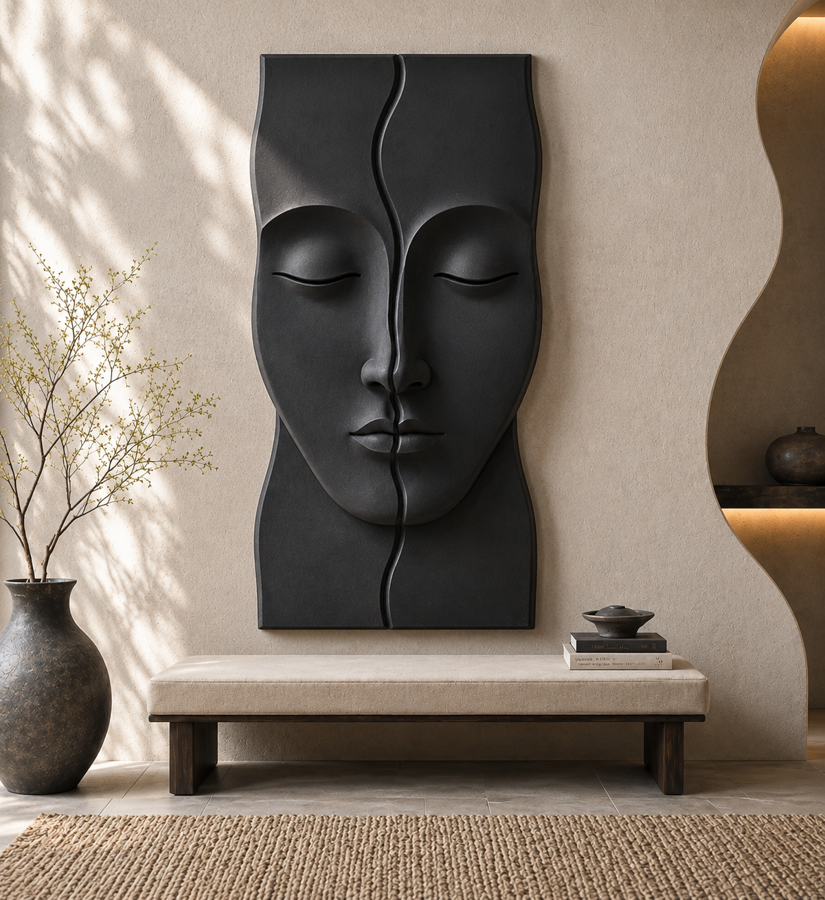 Wooden Serenity Split Face Wall Art by The Gharnish, modern abstract sculpture for living rooms and entryways.