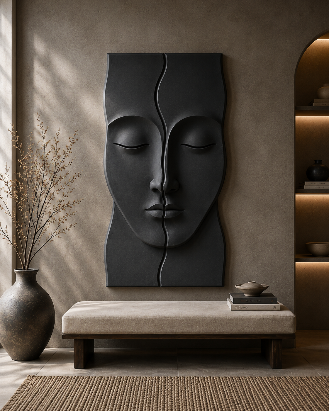 Wooden Serenity Split Face Wall Art by The Gharnish, modern abstract sculpture for living rooms and entryways.