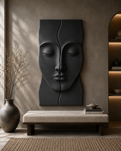Wooden Serenity Split Face Wall Art by The Gharnish, modern abstract sculpture for living rooms and entryways.