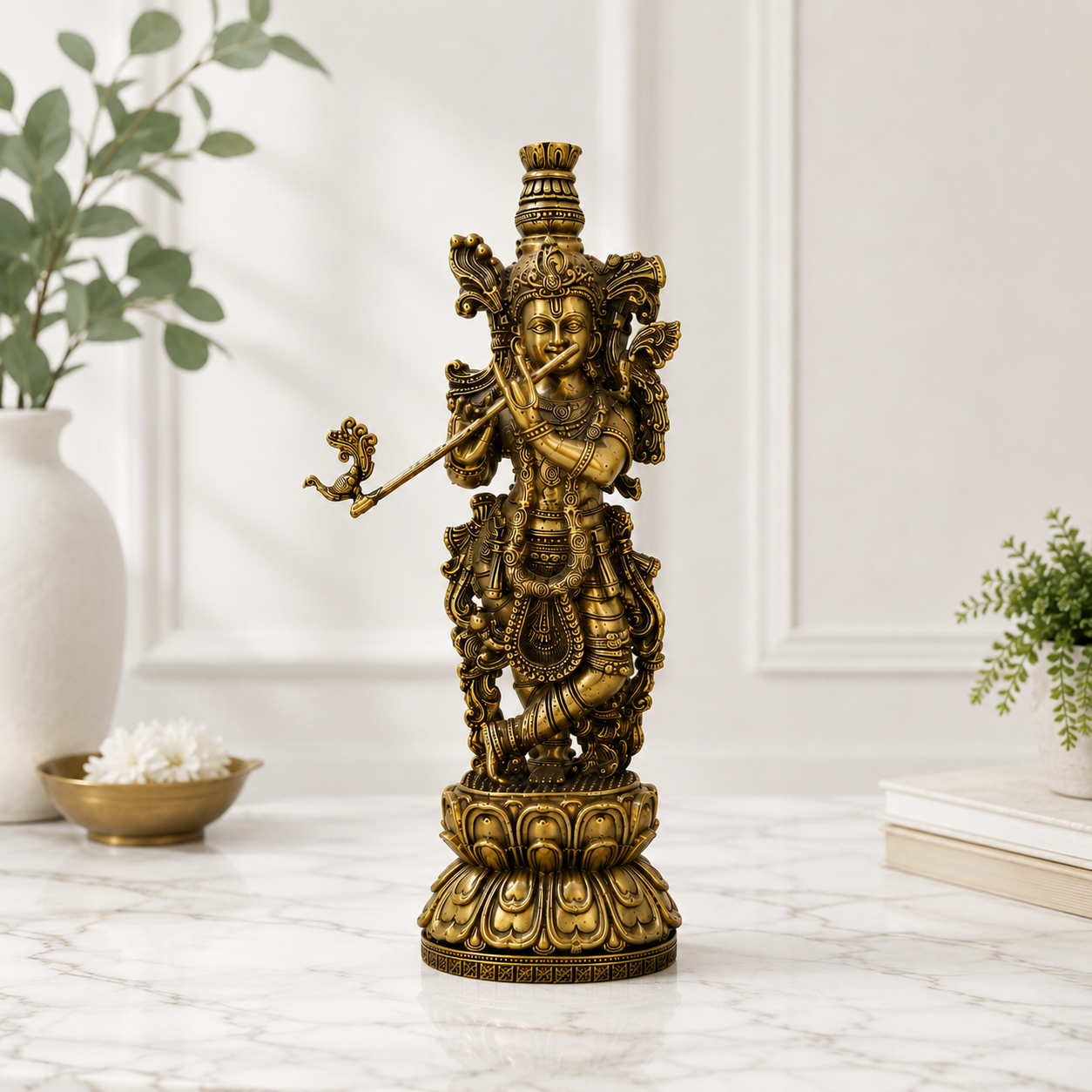 Antique Brass Krishna Idol – Handcrafted Krishna Statue for Home Décor & Puja