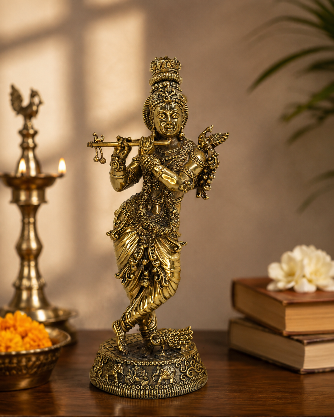Brass Muridae Krishna statue as a traditional Pooja item, showcasing detailed craftsmanship and religious significance.