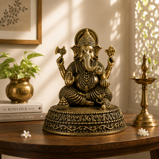 Handcrafted antique brass Ganesha idol for home decor and puja, featuring detailed Lord Ganesha figure in brass material.