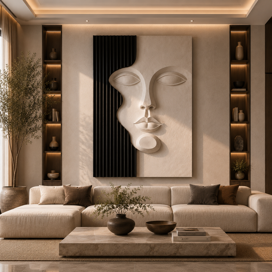 Wooden Sculpted Grace 3D abstract face wall art by The Gharnish, featuring minimalist textured modern decor for walls.
