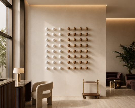 Wooden wall art featuring the Woodland Matrix 3D Dual Harmony Sphere design by The Gharnish, showcasing intricate layered wood craftsmanship.