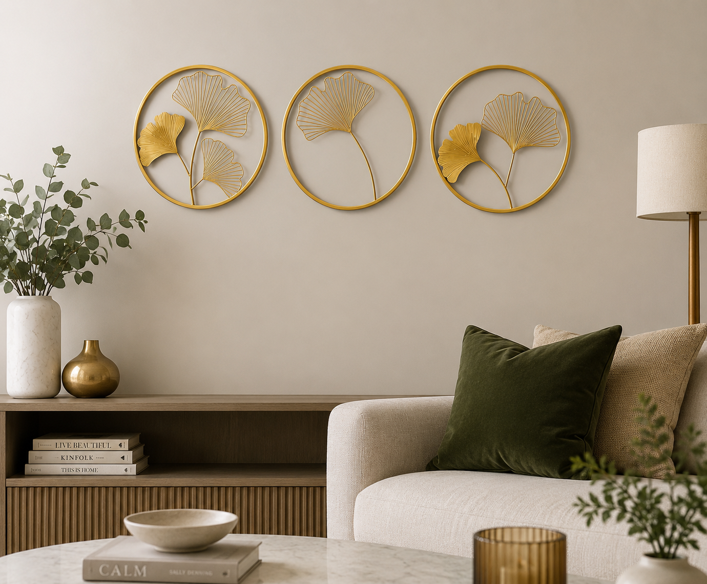 Three-panel gold leaf wall art by TheGharnish featuring 18x18 inch decorative panels with elegant leaf designs.