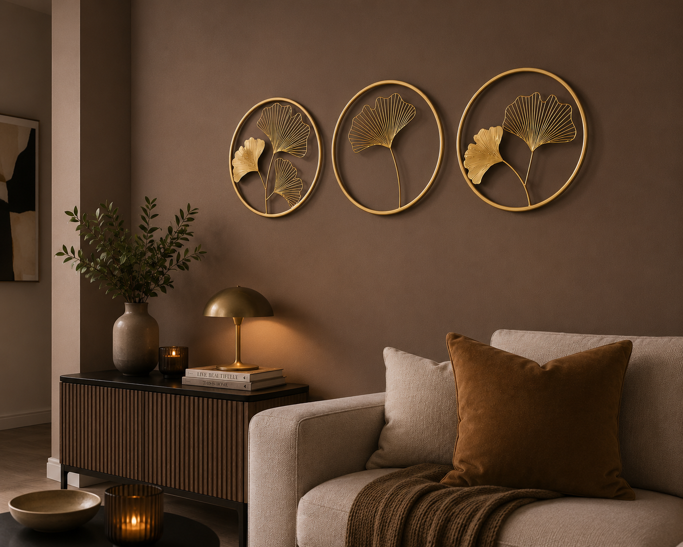 Three gold leaf wall art panels by TheGharnish, 18x18 inches, featuring elegant leaf designs for modern home decor.