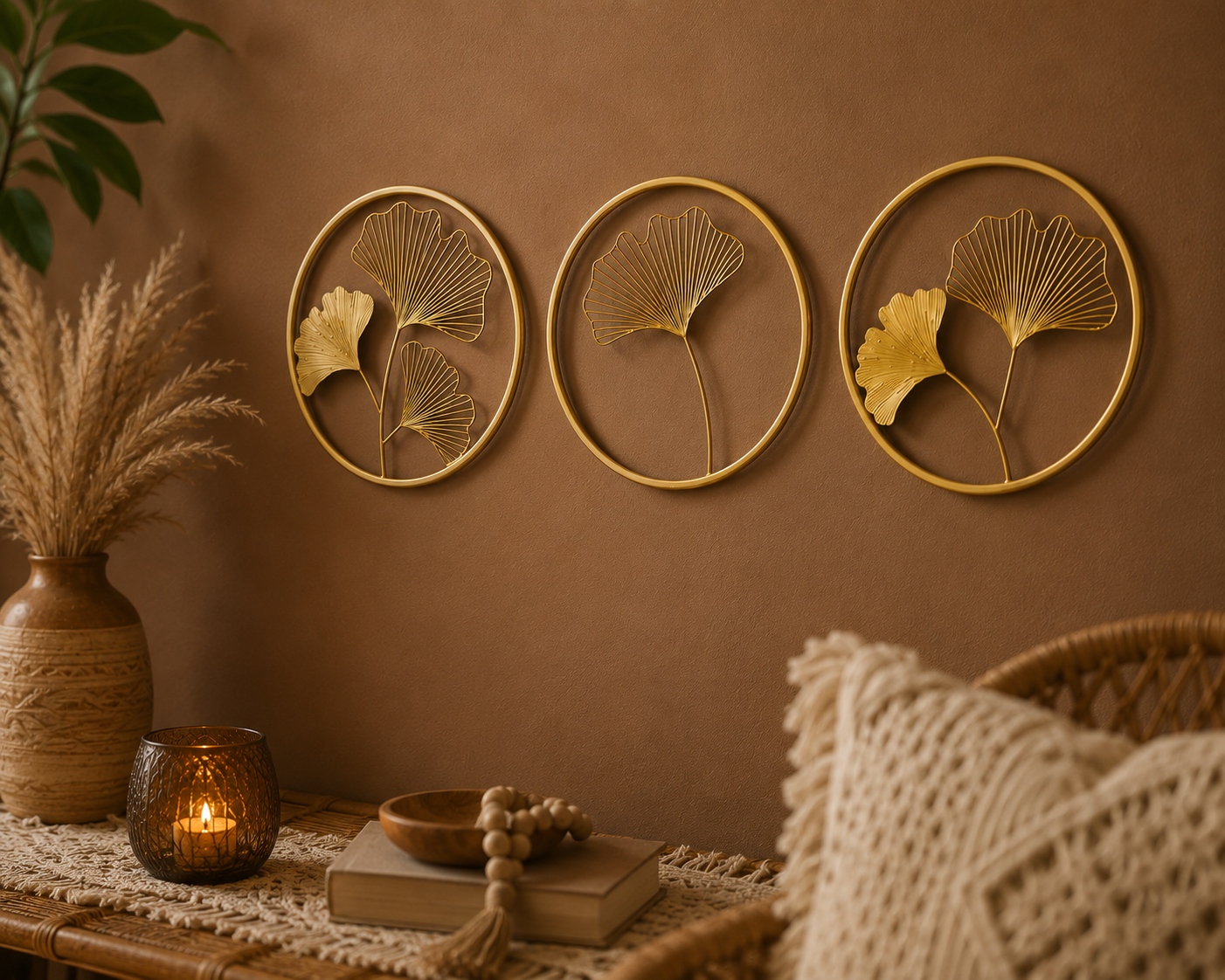Three gold leaf wall art panels by TheGharnish, 18x18 inches, featuring elegant leaf designs for modern home decor.